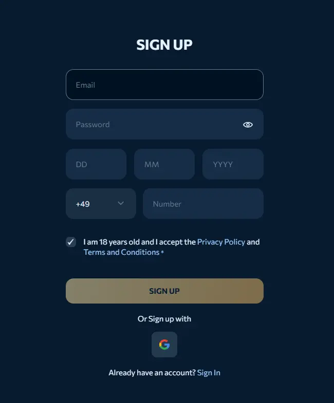 Sign up form with email, password, date of birth, and phone number fields on an online casino website, showing the registration process important for creating a user account.