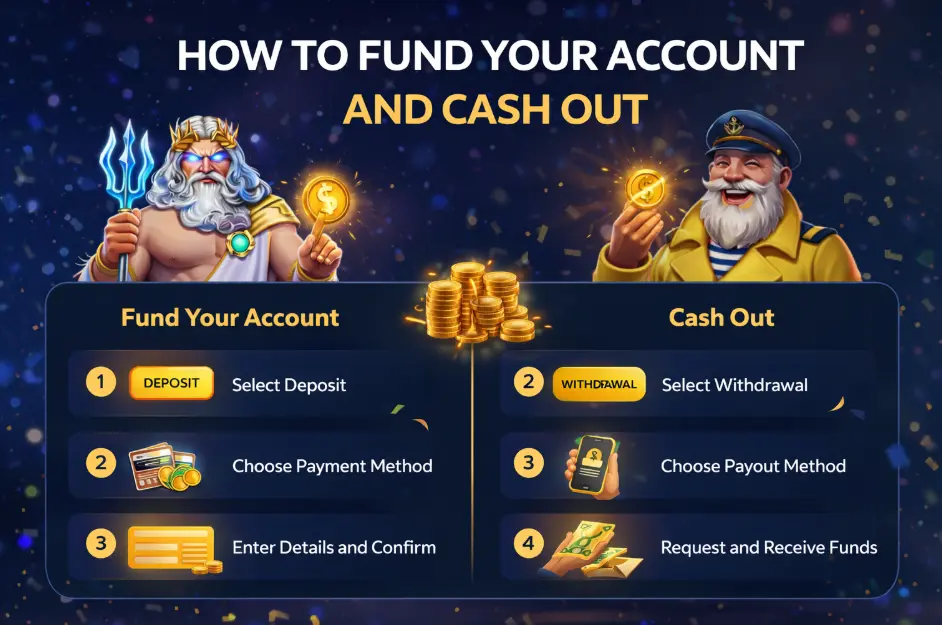 Illustrated guide showing steps to fund an account and cash out on an online casino platform, explaining deposit and withdrawal processes important for user transactions.