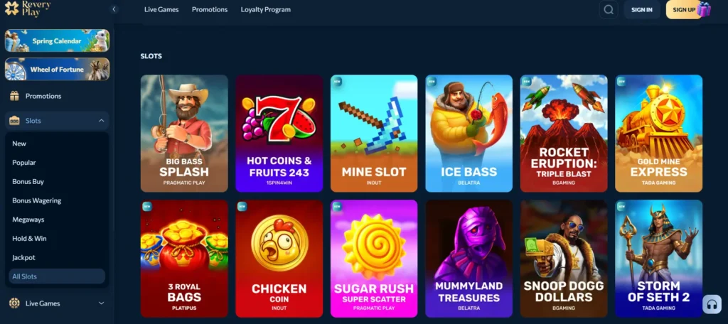 Online casino slots page displaying a variety of game titles and categories, showing available slot options important for user game selection and browsing.