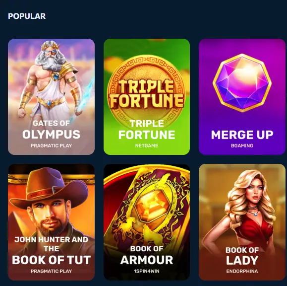 A selection of popular slot games displayed in an online casino lobby, helping users quickly find and choose the most trending options.