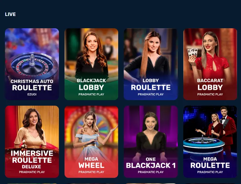 A grid of live dealer casino game tiles, such as Roulette and Blackjack, shown in a website's 'Live' section to help players browse and select real-time gambling options.