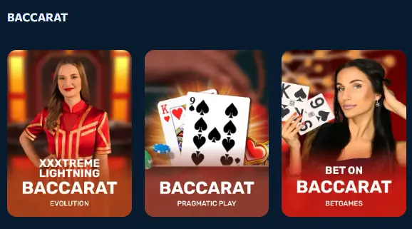Three Baccarat game preview tiles displayed in a specialized category on a casino platform, showcasing variety to help users choose their preferred live dealer or virtual card game.