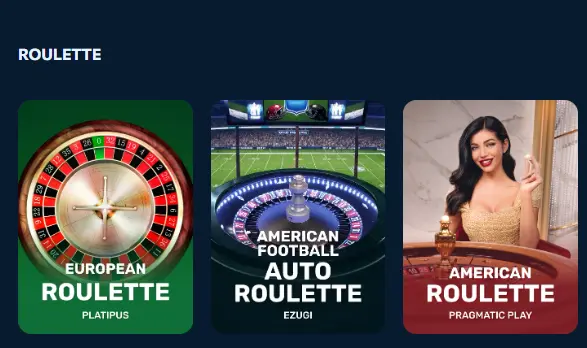 Three roulette game tiles representing European, American Football Auto, and American versions on a casino website, allowing players to select their preferred style of game.