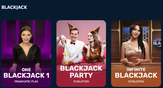 Three different blackjack game tiles featuring live dealers in an online casino gallery, helping users navigate and select their preferred live table experience.