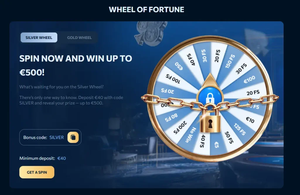 A Wheel of Fortune promotion offering prizes up to €500 in a casino bonus section, encouraging players to deposit and use a promo code to unlock rewards.