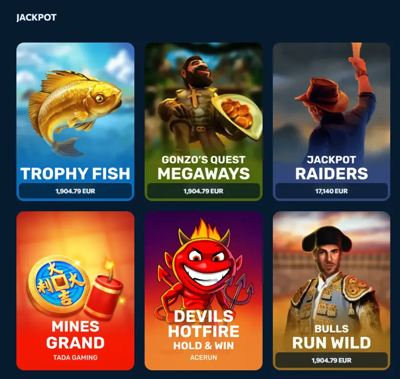 A grid of jackpot slot game tiles with real-time prize pools displayed on a casino homepage to help players identify and select games with the highest potential winnings.