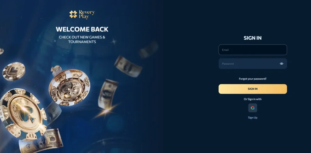 A login page with 'Welcome Back' text and falling casino chips, providing a secure interface for existing users to access their accounts and view new games.