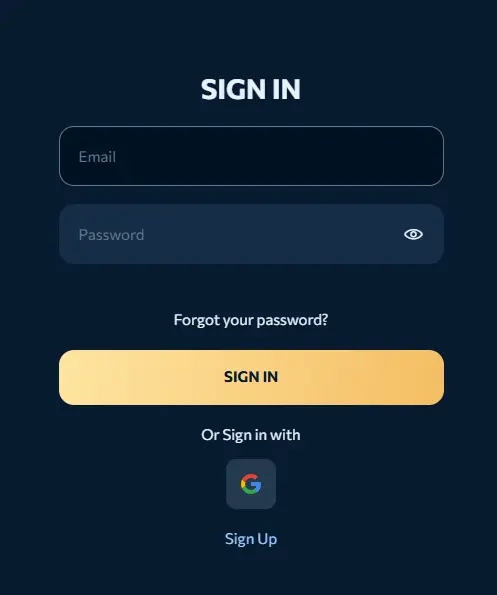 A sign-in form with email and password fields on a dark background, providing a functional interface for user authentication and account access.