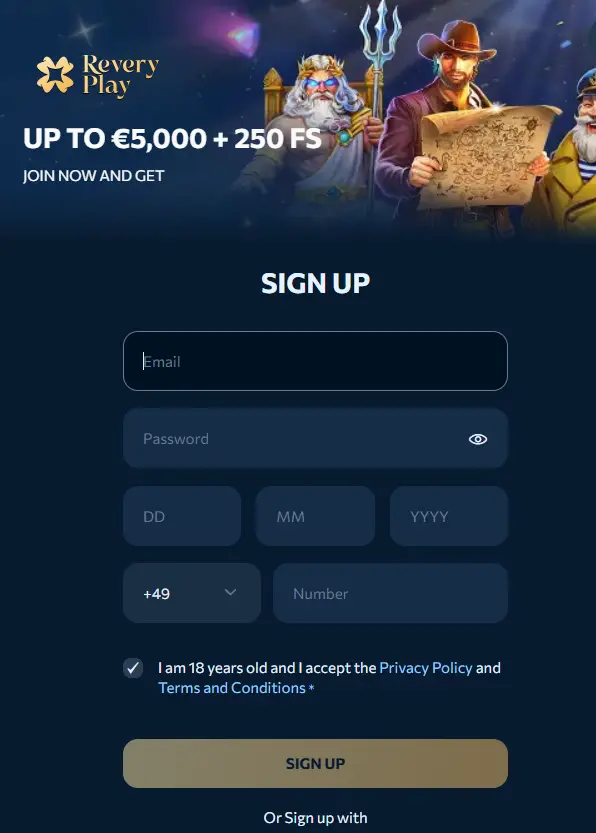 A registration form with a welcome bonus banner featuring Greek mythology and adventurer characters, designed to help new users sign up and claim their starting rewards.