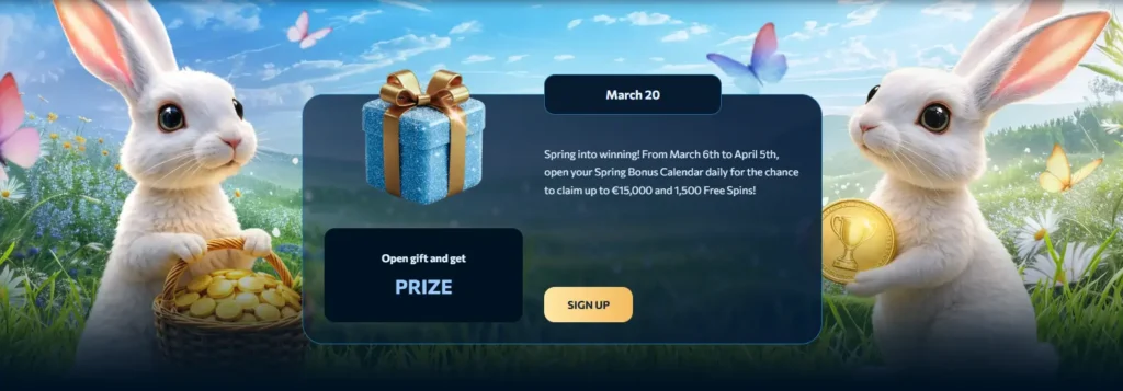 A spring-themed promotional banner featuring white rabbits and a gift box in a meadow, used to advertise a seasonal bonus calendar and encourage users to sign up for daily prizes.