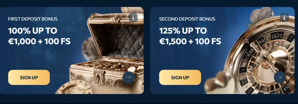 Promotional banners showing first and second deposit bonuses on an online casino website, highlighting special offers important for attracting new users and encouraging deposits.
