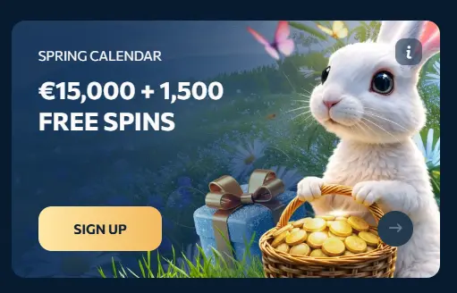 A promotional banner featuring an Easter-style white rabbit with a basket of gold coins in a spring meadow, advertising a €15,000 and 1,500 free spins bonus to encourage new user sign-ups.
