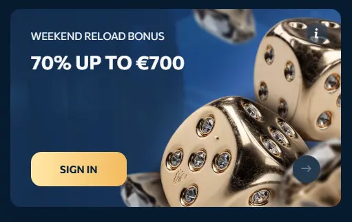 A promotional banner featuring golden diamond-encrusted dice, used in the context of a weekend reload bonus advertisement to attract players to sign up for a 70% deposit match.