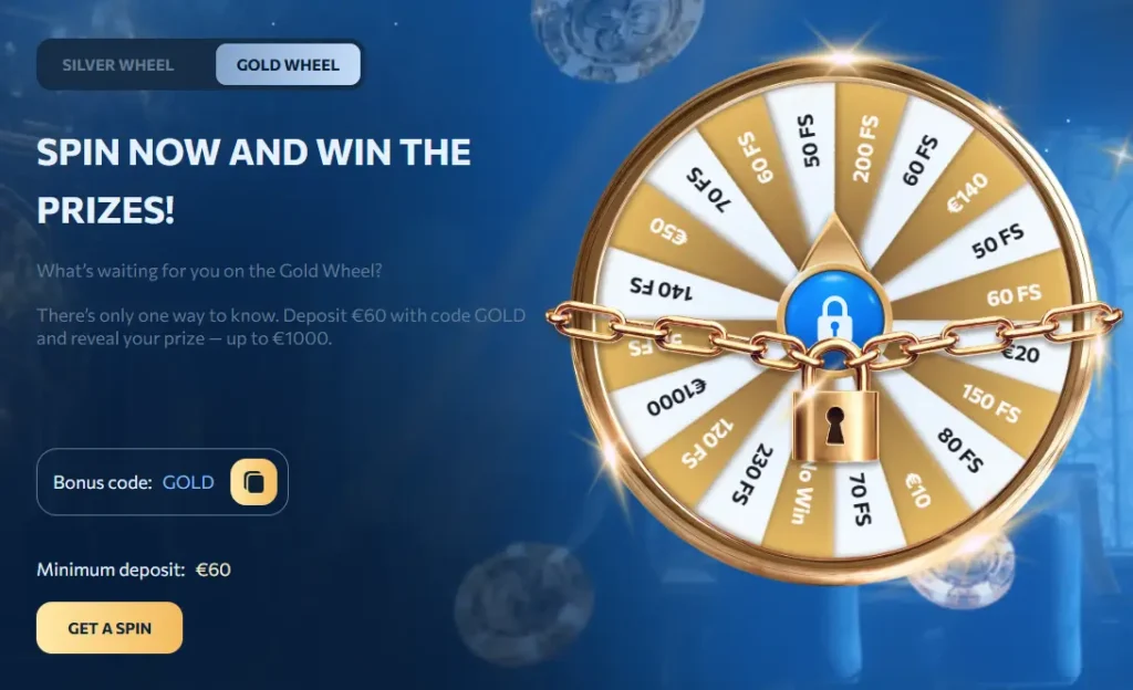 A 'Gold Wheel' bonus feature showing various cash prizes and free spin rewards locked by a chain, presented as a high-tier promotional offer to encourage players to deposit €60 for a chance to win up to €1,000.