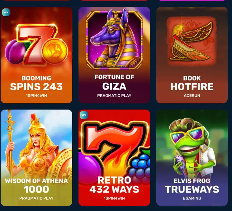A selection of popular slot game tiles including Fortune of Giza and Elvis Frog Trueways, displayed in a game category grid to help players browse and select new titles to play.