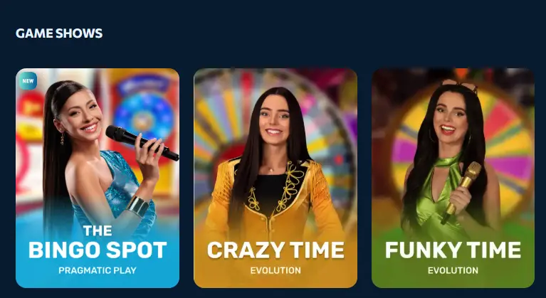 Game show options with live hosts displayed on an online casino website, highlighting interactive games important for user engagement and entertainment choice