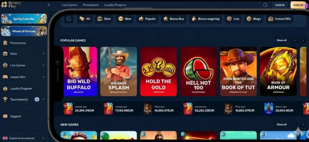 The Revery Play online casino interface, designed to fit a modern smartphone's horizontal screen, demonstrates the adaptability and convenience of the mobile version of the site.