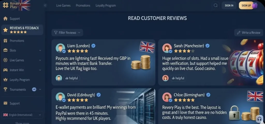 A section featuring positive reviews from UK players on the Revery Play interface demonstrates the casino's high trust and loyalty ratings from real customers.