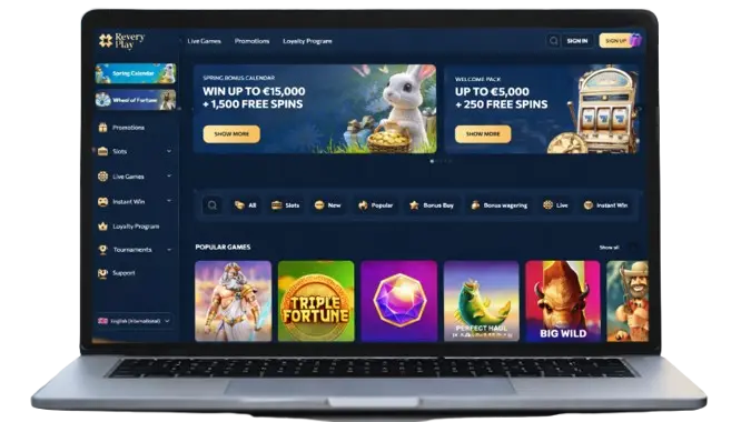 Laptop displaying the Reverty Play online casino website interface with games and bonus offers, highlighting the platform’s features and promotions for users.