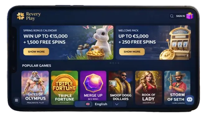 Mockup of a mobile phone screen in horizontal (landscape) orientation displaying the fully adapted Revery Play online casino interface, optimized for mobile browsing and including visible side navigation and popular game banners.
