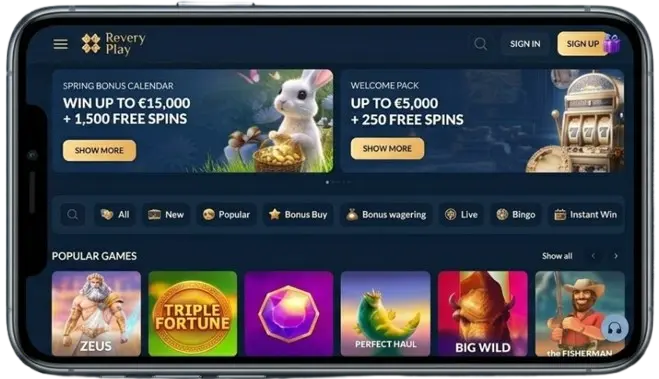 The Revery Play online casino's horizontal interface on a mobile phone screen displays current bonuses and popular slots, demonstrating the platform's user-friendliness and gaming selection.