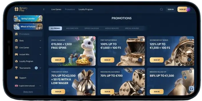 The Revery Play Casino bonuses and promotions section on a smartphone screen in landscape orientation, demonstrating the availability of special offers for mobile device users.