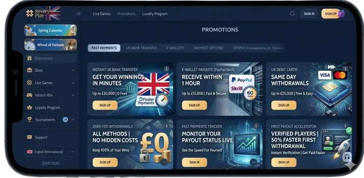 Revery Play's Quick Payouts section, shown on a smartphone, showcases the variety of UK payment methods available to confirm the reliability and speed of withdrawals.